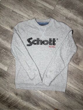 Schott NYC Light Gray Crewneck Sweatshirt L with Black Logo and Red Accent